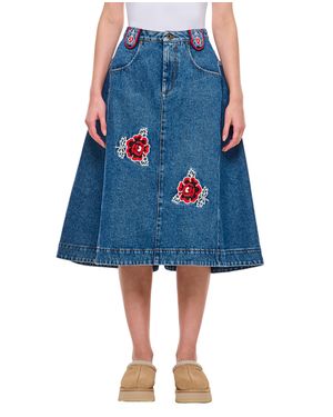 Molly Goddard A-Line Denim Midi Skirt With Decorative Embroidery And Distinctive Piping - Blue