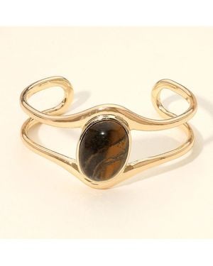 Fashnzfab Oval Stone Accent Double Band Open Cuff Bracelet - Metallic