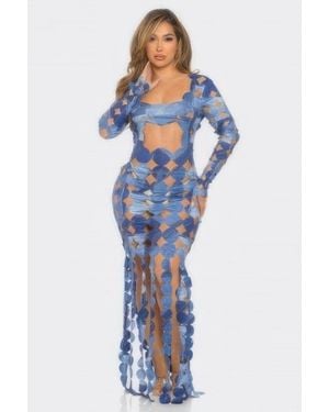 TRUEDAMES Denim Print Sexy Cut Out Maxi Dress - Blue