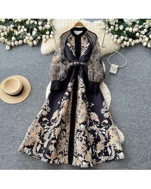 TRUEDAMES Vintage Lantern Sleeve Floral Dress Summer Mandarin Collar Tie-Waist A-Line Maxi, Graceful Shift - Blue