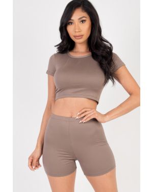 TRUEDAMES Short Sleeve Crop Top & Shorts Set - Brown