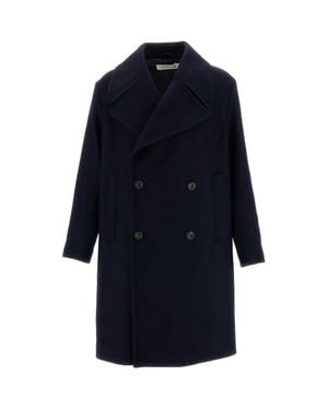 sunflower Double-Breasted Wide Peak Lapels Wool Trench Coat - Blue