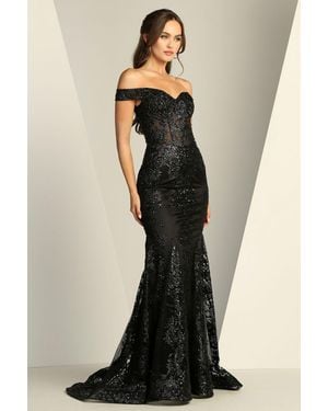 TRUEDAMES Off Shoulder Glitter Mermaid Formal Prom Gown - Black