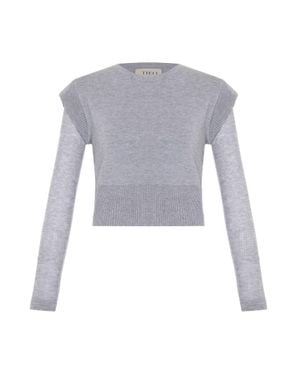 Theo the Label Nomia Sheer Sleeve Crew Neck Sweater - Gray
