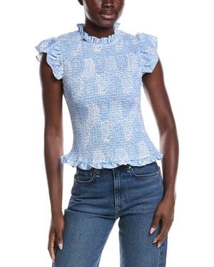 Sail To Sable Smocked Flutter Linen-Blend Top - Blue