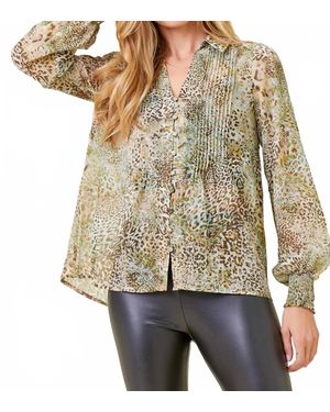 Mystree Leopard Print Pintuck Blouse - Green