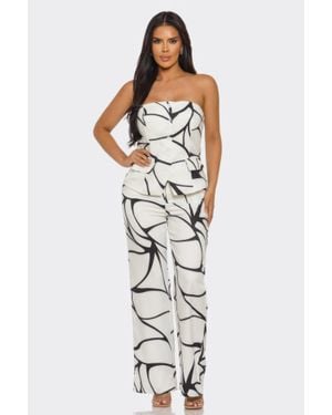 TRUEDAMES Abstract Print Strapless Top And Wide-Leg Trouser Set - White