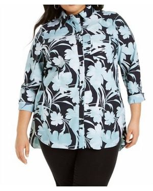 Alfani Printed Knit Boyfriend Shirt - Blue