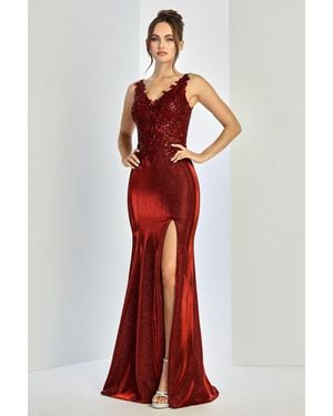 TRUEDAMES Glitter Satin Fitted Prom Gown - Red