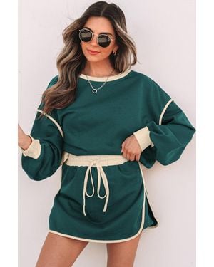 TRUEDAMES Color Contrast Loose Pullover And Lace-Up Waist Skort Set - Green