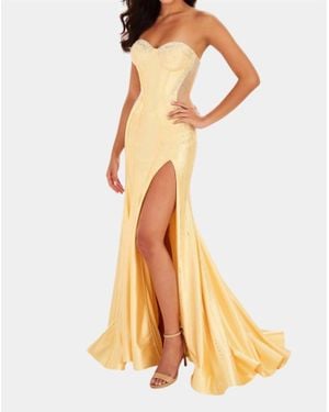 Ellie Wilde Satin Mermaid Gown With Slit - Yellow