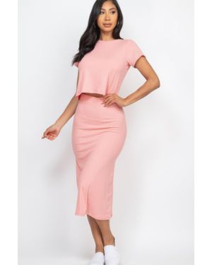 TRUEDAMES Short Sleeve Ribbed Top & Midi Skirt Se - Pink