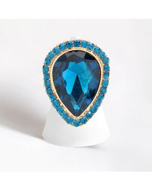 Fashnzfab Crystal Rhinestone Teardrop Stretch Cocktail Ring - Blue