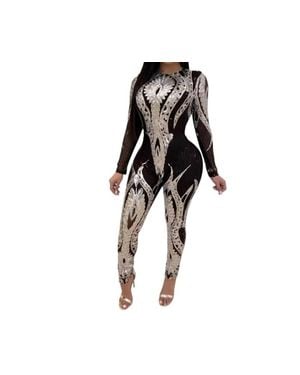 GAJE Luxury Rhinestone Sheer Mesh Jumpsuit - Black
