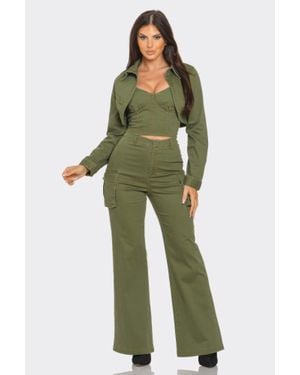 TRUEDAMES Crop Jacket 3Pcs Set - Green