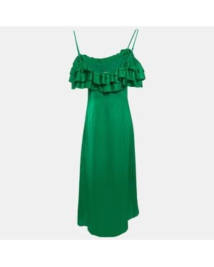 Maje Satin Ruffled Rovanta Midi Dress - Green