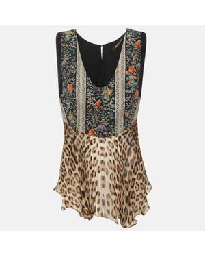 Roberto Cavalli Floral And Leopard Printed Satin And Sequin Sleeveless Top - Multicolor