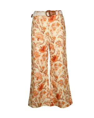 Zimmermann Flared Pants With Intricate Floral Pattern And Woven Belt - Metallic