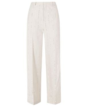 Isabelle Blanche Ecru Sequins-Striped Zippered Cotton Wide-Leg Pants - White