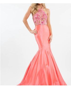 Rachel Allan Two-Piece Matte Satin Beaded Halter Prom Gown - Pink