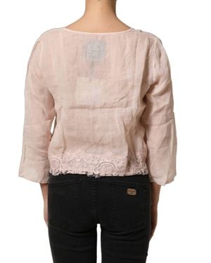 Pink Memories Memories Linen V-Neck Long Sleeves Blouse Top - Natural