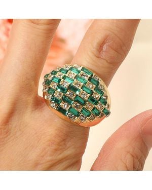 Fashnzfab Checkered Pattern Baguette Stone Embellished Chunky Stretch Ring - Green