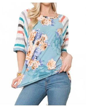 Celeste Denim Floral Stripe Sleeve Top - Blue