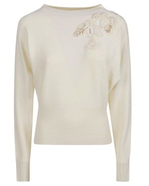 ERMANNO FIRENZE Floral-Embroidered Round Neck Knit Sweater - White