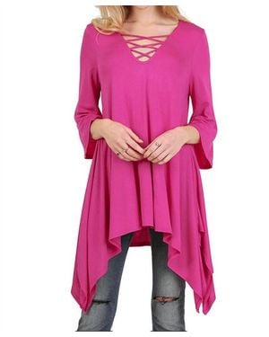 Umgee Crossed Bell Sleeve Asymmetrical Tunic - Pink