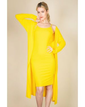 TRUEDAMES Ribbed Cardigan & Cami Midi Bodycon Dress - Yellow