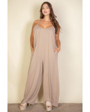 TRUEDAMES Plus Spaghetti Strap Solid Wide Jumpsuit - Natural