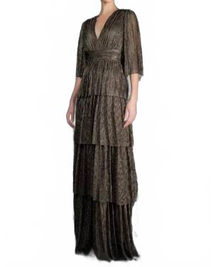 Janique Long Dress Jacquard Draped V-Neckline Ruched Detailing Layered Skirt Dress - Metallic