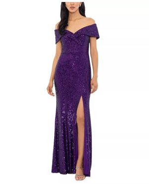 Xscape Off-The-Shoulder Side-Slit Sequin Gown - Purple