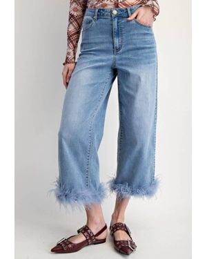 Easel Fur Bottom Hem Stretch Denim Pants - Blue
