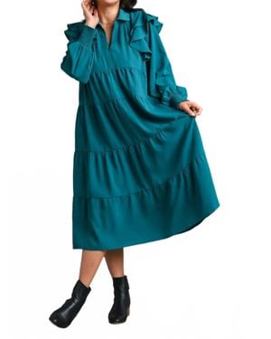 Umgee Ruffle Long Sleeve Tiered Maxi Dress - Blue