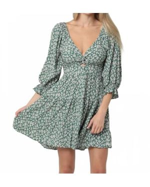 Angie Cactus Print Long Sleeve V-Neck Twist Front Cut Dress - Blue