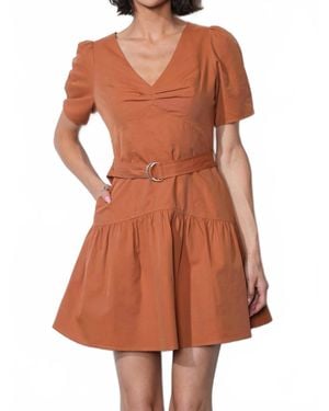 Greylin Hayden Puff Sleeve Belted Flare Dress - Brown