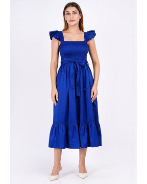 Leota Ivanna A-Line Smocked Midi Dress Solid Mazarine - Blue