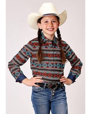 Roper Girl's Horizontal Print Design Aztec Stripe Print Shirt - Blue