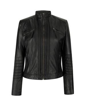 TruClothing Leather Biker Slim Fit Jacket With Nehru Collar - Black