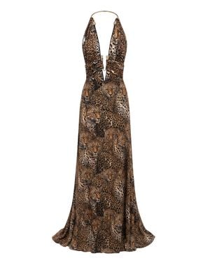 Philipp Plein Open Back Piercing Long Dress All-Over Leopard - Brown