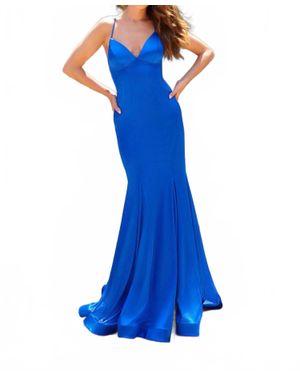 Faviana V-Neck Satin Gown - Blue