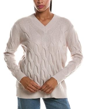 Forte Long Cable V-Neck Cashmere Sweater - Gray