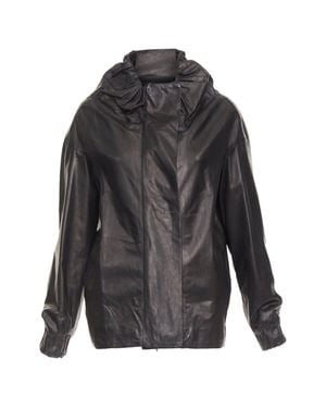 Marni Lamb Leather Gathered Collar Zip Up Oversized Jacket It42 M - Gray