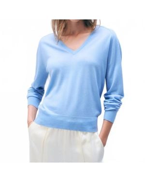 White + Warren Superfine Merino Wool V Neck Sweater - Blue