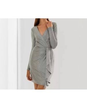 Ralph Lauren Metallic Knit Faux Wrap Ruffle Dress - Gray