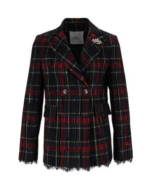 Shirtaporter Tartan Brooch Double-Breasted Blazer - Black