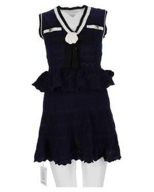 Self-Portrait Textured Knit Mini Dress With Ruffled Peplum And Bow Detail - Blue