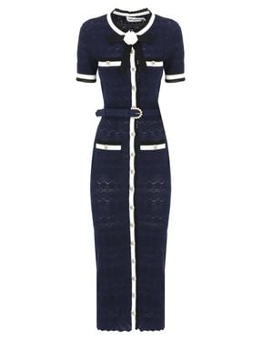 Self-Portrait Pointelle Knit Midi Dress With Decorative Pin And Four Pockets - Blue