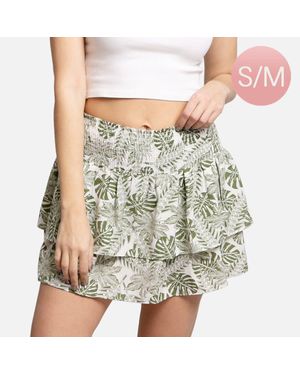 TRUEDAMES Tropical Leaf Patterned Ruffle Tiered Mini Skirt S/M - White